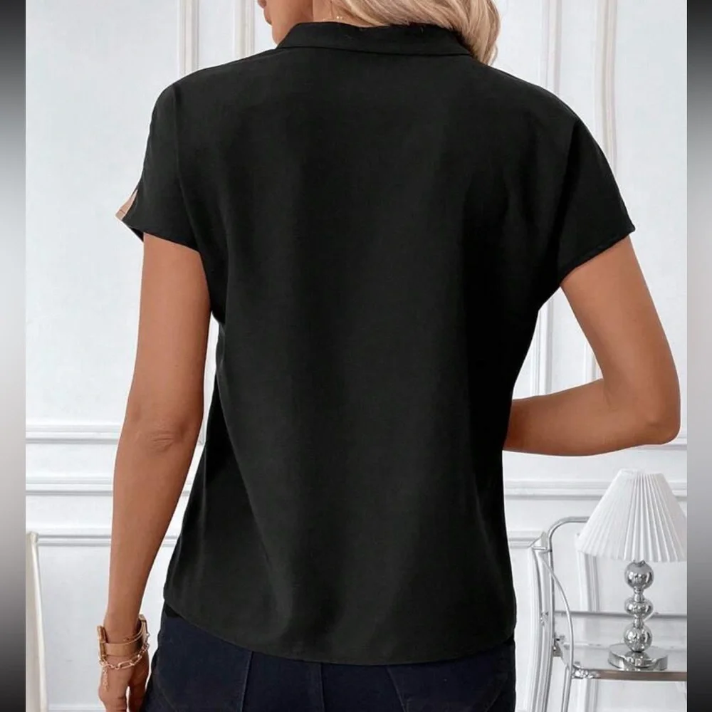 Abstract Geo Print Work Office Top Blouse Shirt Black - Picture 2 of 4